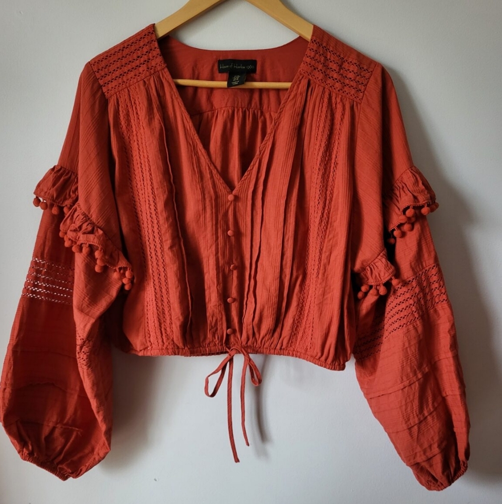 HOUSE OF HARLOW 1960 Rust Cotton Button-Down Blouse with Pom-Pom Sleeves